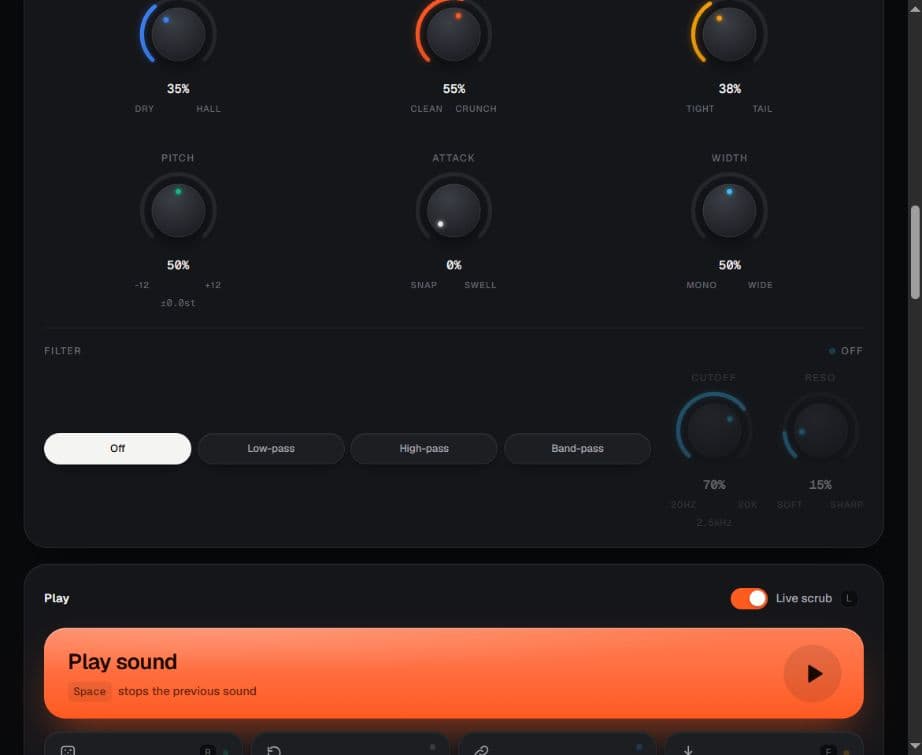 PocketFoley sound-shaping controls with filters and a large play button